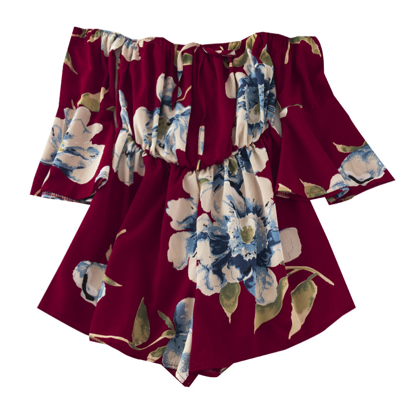 Off-Shoulder Floral Print Jumpsuit with Tie Flare Sleeves Jumpsuit