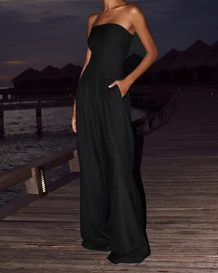Backless Tube Top Wide-Leg Jumpsuit Black Jumpsuits