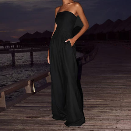 Backless Tube Top Wide-Leg Jumpsuit Black Jumpsuits