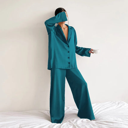 Ultra-Luxe Women’s Silk Wide-Leg Pajama Set Turquoise Outfit Sets