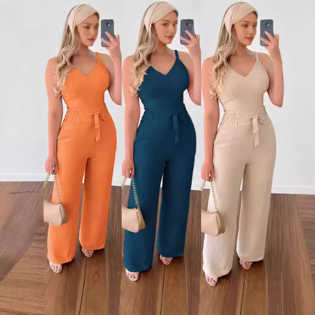 Women's Two-Piece Sleeveless V-Neck Vest & High-Waist Wide-Leg Pants Set Sets