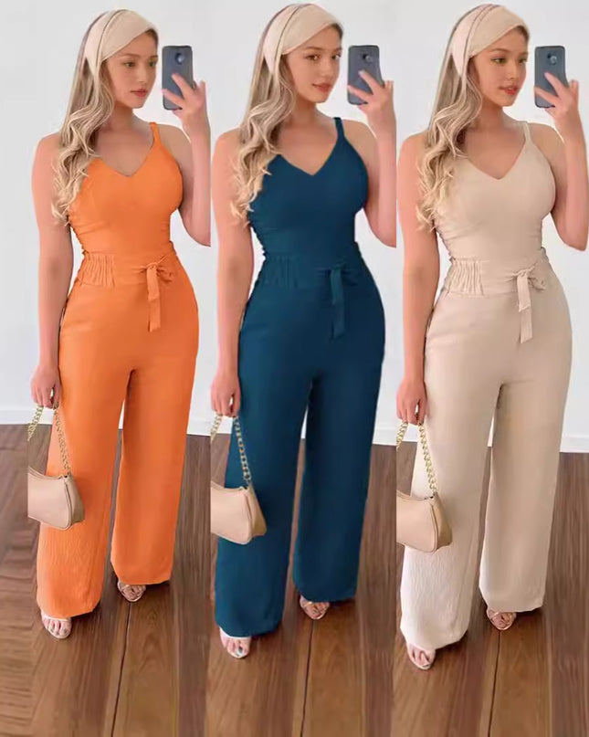 Women's Two-Piece Sleeveless V-Neck Vest & High-Waist Wide-Leg Pants Set Sets