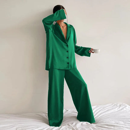 Ultra-Luxe Women’s Silk Wide-Leg Pajama Set Forest Green Outfit Sets