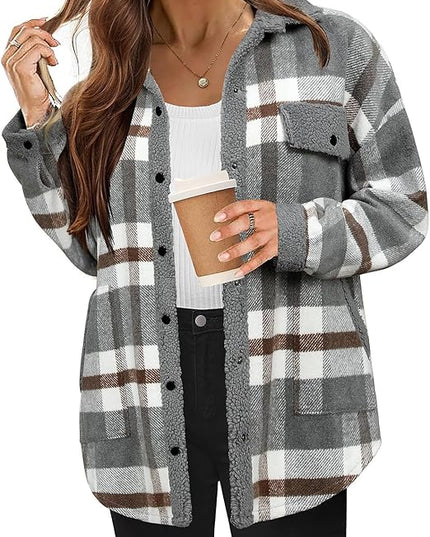 Women's Cozy Plaid Fleece Jacket Grey Fleece Jacket