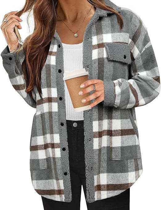Women's Cozy Plaid Fleece Jacket Grey Fleece Jacket