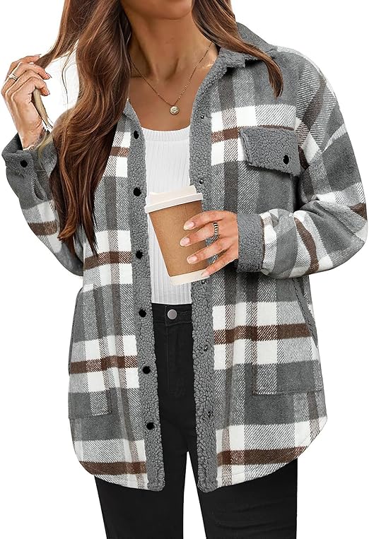 Women's Cozy Plaid Fleece Jacket Grey Fleece Jacket