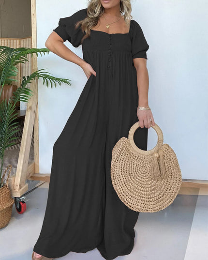 Wyn™ | Feminine Flair Smocked Jumpsuit Black Jumpsuit