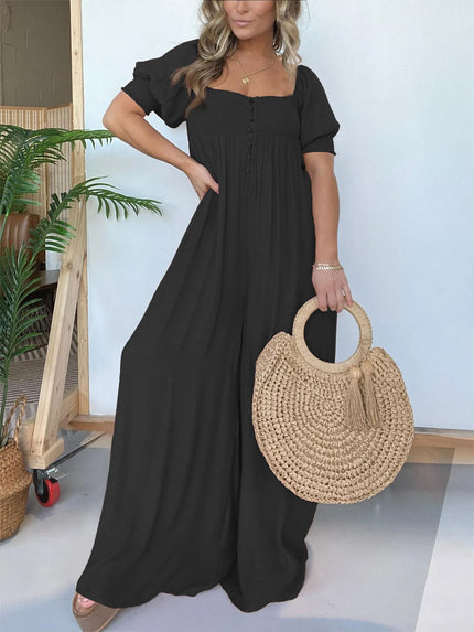 Wyn™ | Feminine Flair Smocked Jumpsuit Black Jumpsuit