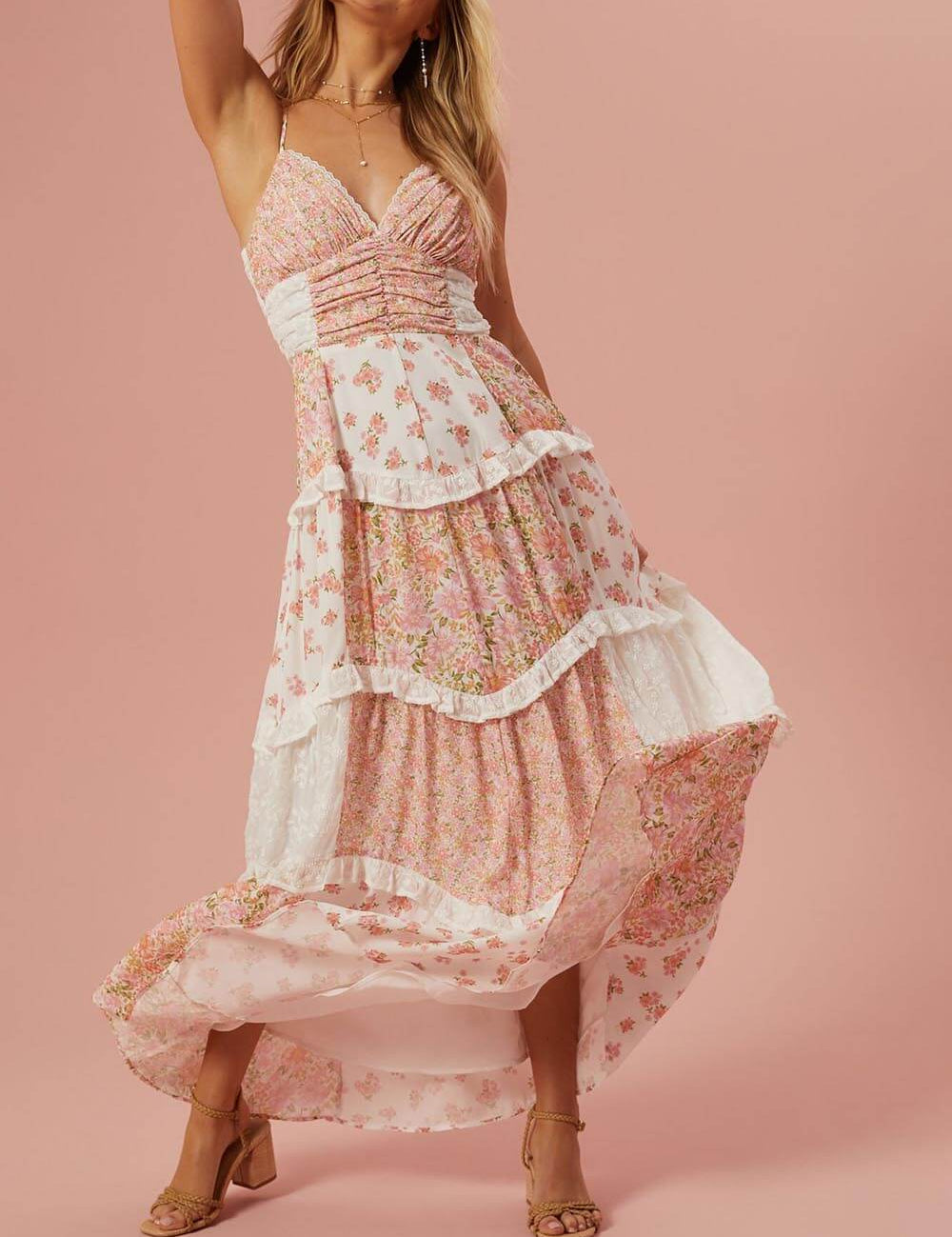 Retro Floral Print Patchwork Maxi Dress Pink Dresses