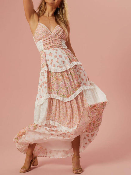Retro Floral Print Patchwork Maxi Dress Pink Dresses