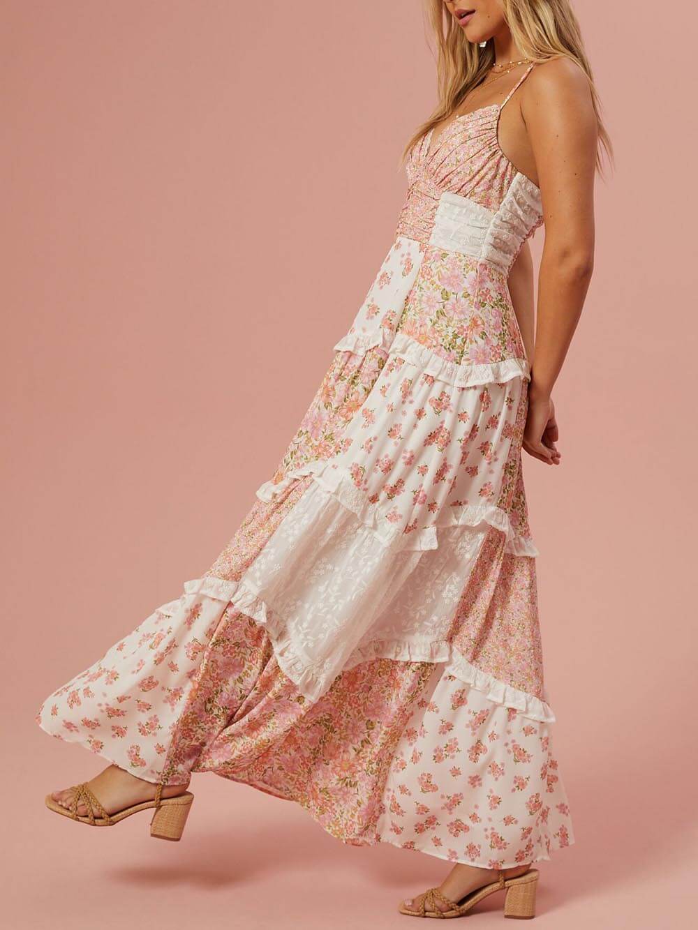 Retro Floral Print Patchwork Maxi Dress Dresses
