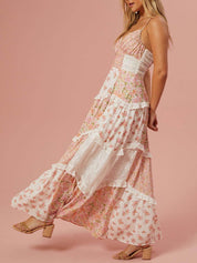 Retro Floral Print Patchwork Maxi Dress Dresses