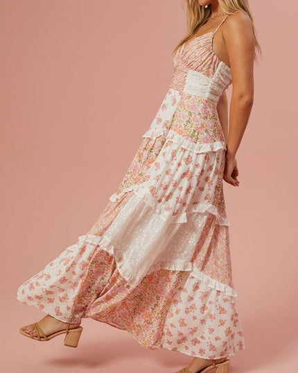 Retro Floral Print Patchwork Maxi Dress Dresses