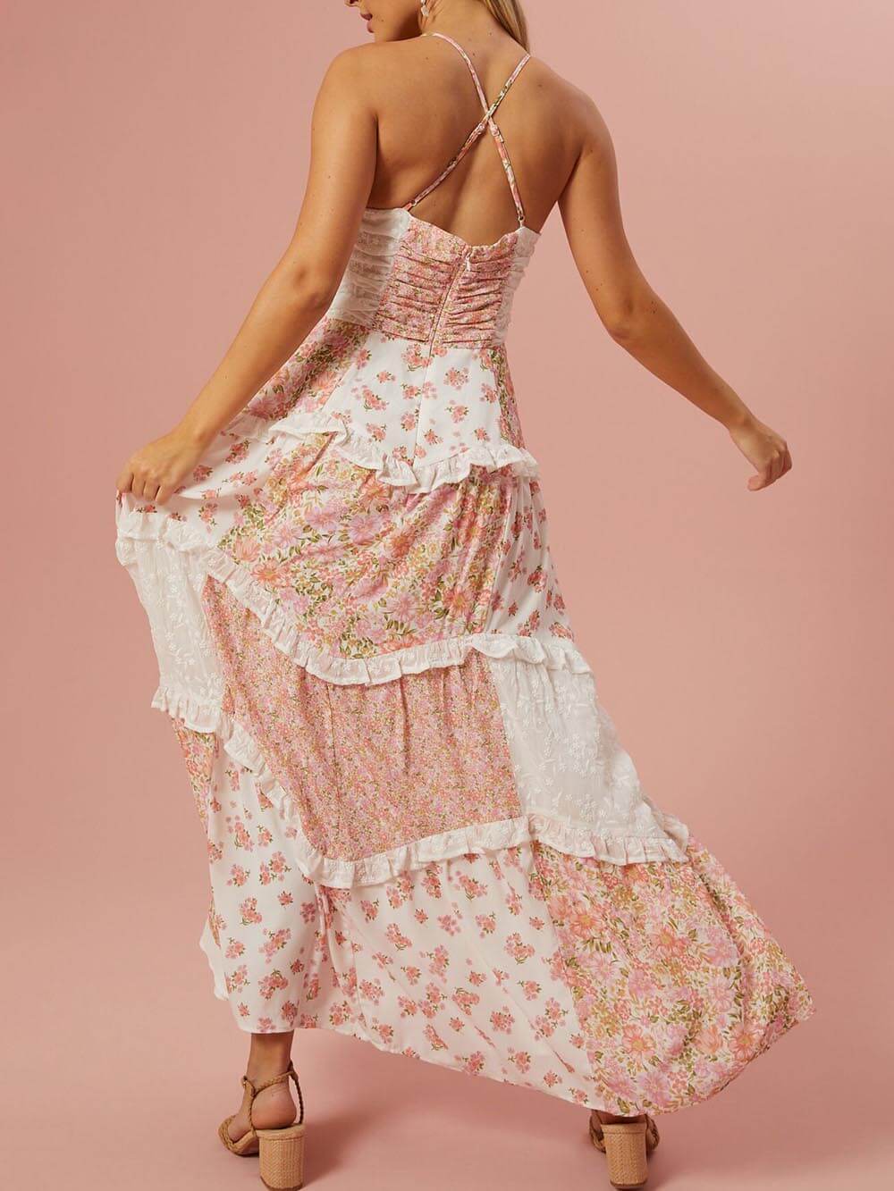 Retro Floral Print Patchwork Maxi Dress Dresses