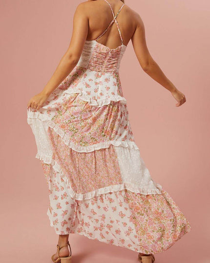 Retro Floral Print Patchwork Maxi Dress Dresses