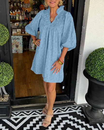 Lilette™ | Puff Sleeve Leaf Jacquard Mini Dress Light Blue Dress