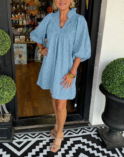 Lilette™ | Puff Sleeve Leaf Jacquard Mini Dress Light Blue Dress