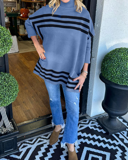 Inessa™ | High Neck Bat Sleeve Striped Sweater Blue Sweaters