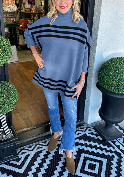 Inessa™ | High Neck Bat Sleeve Striped Sweater Blue Sweaters