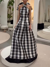 Classic Plaid Print Halter Neck Maxi Dress Black Dresses