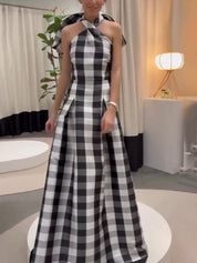 Classic Plaid Print Halter Neck Maxi Dress Dresses