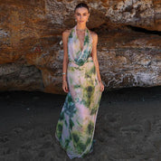2-Piece Tie-Dye Halter Maxi Dress Set Green Dresses