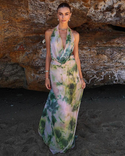 2-Piece Tie-Dye Halter Maxi Dress Set Green Dresses