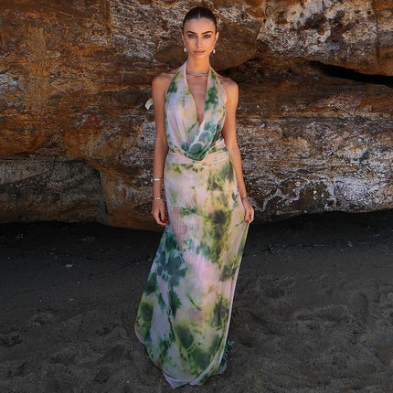 2-Piece Tie-Dye Halter Maxi Dress Set Green Dresses