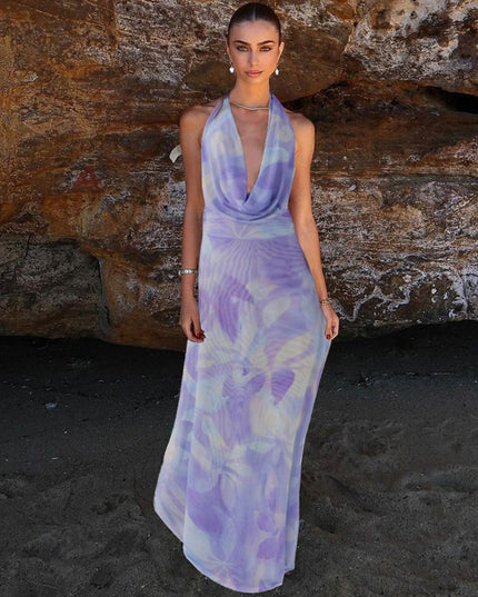 2-Piece Tie-Dye Halter Maxi Dress Set Purple Dresses