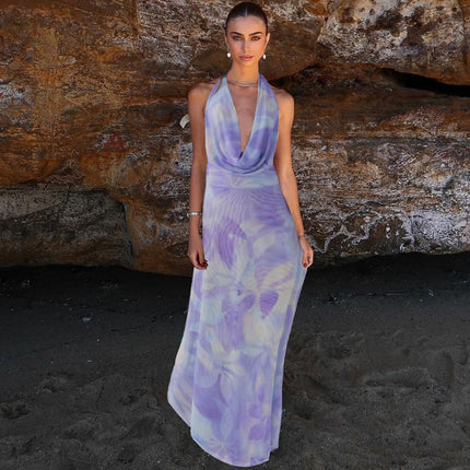 2-Piece Tie-Dye Halter Maxi Dress Set Purple Dresses