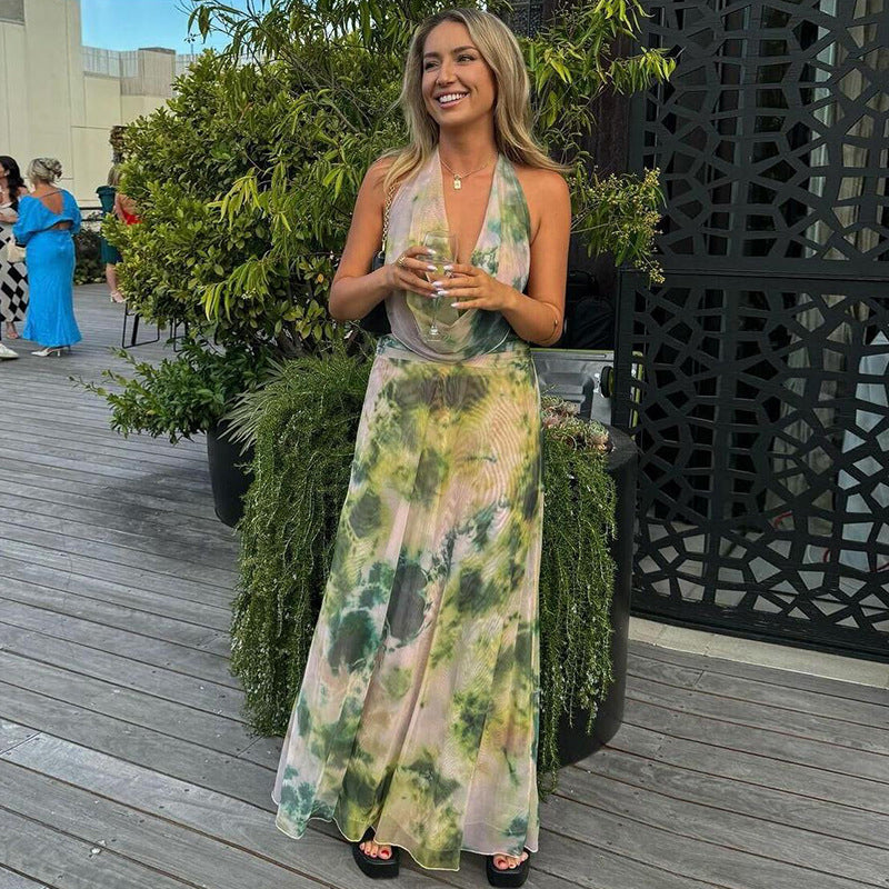 2-Piece Tie-Dye Halter Maxi Dress Set Dresses