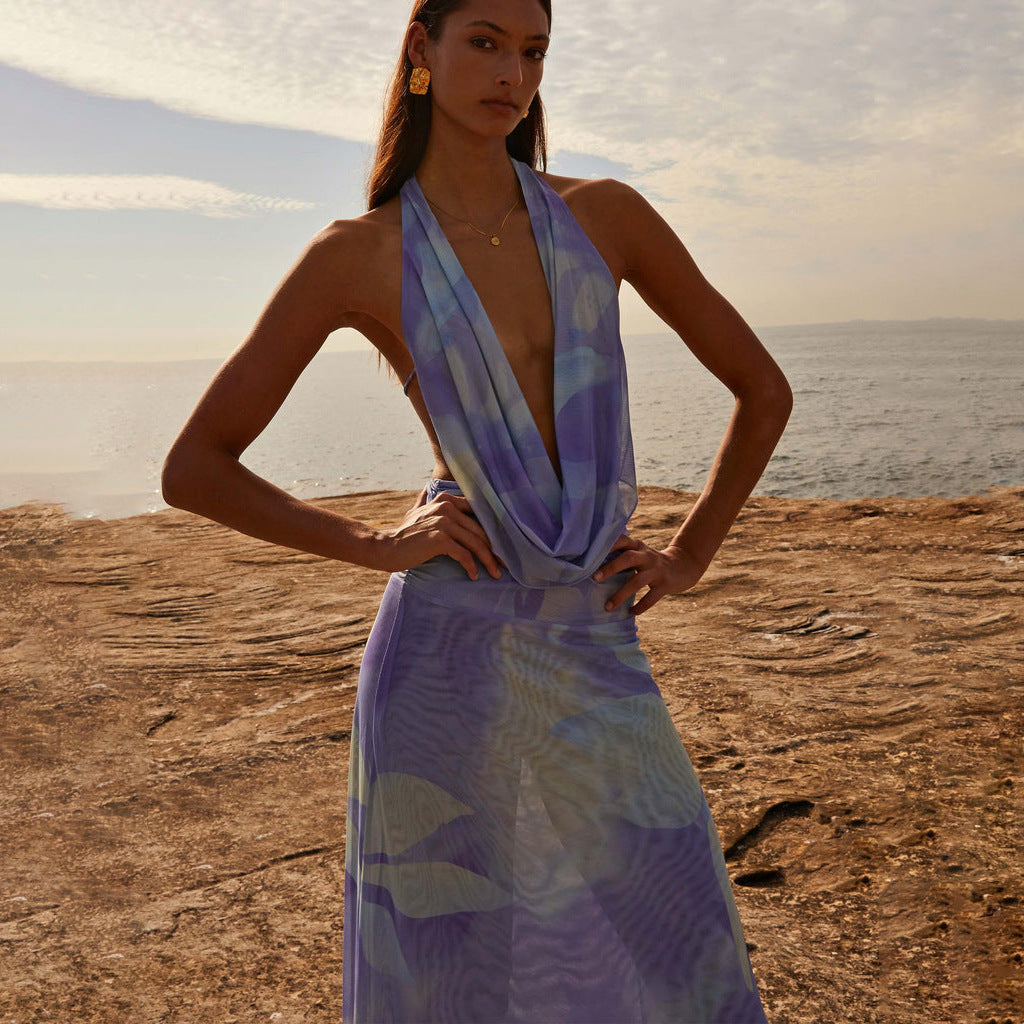 2-Piece Tie-Dye Halter Maxi Dress Set Dresses