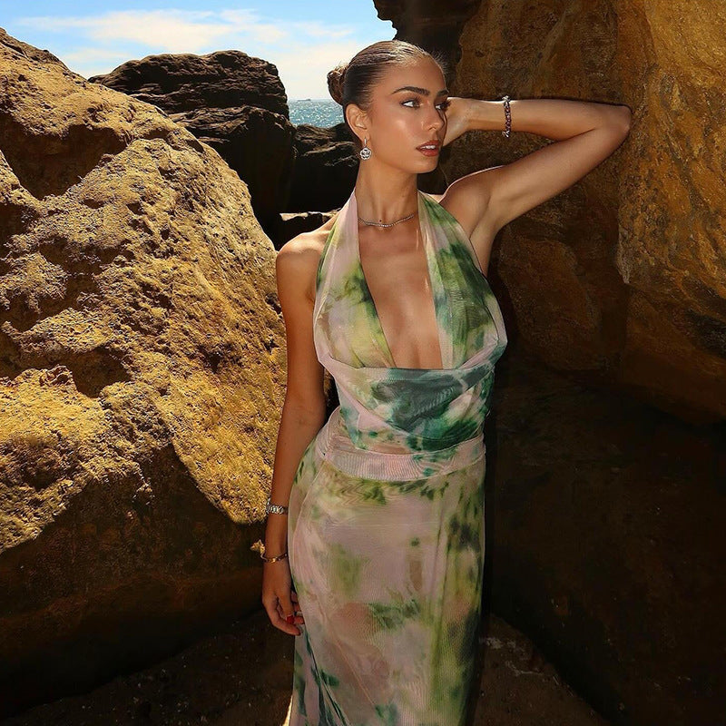 2-Piece Tie-Dye Halter Maxi Dress Set Dresses