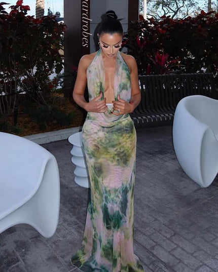 2-Piece Tie-Dye Halter Maxi Dress Set Dresses