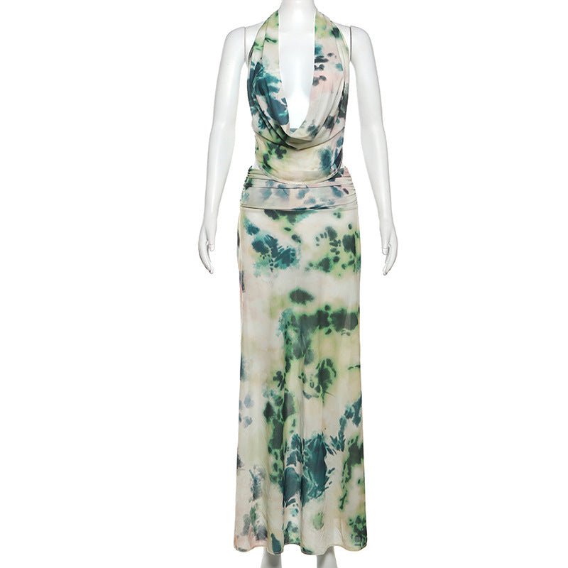 2-Piece Tie-Dye Halter Maxi Dress Set Dresses