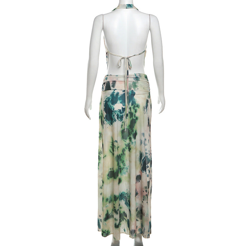 2-Piece Tie-Dye Halter Maxi Dress Set Dresses