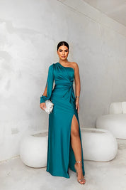 Elegant High‑Slit Satin Evening Dress Lenora Peacock Blue Dresses