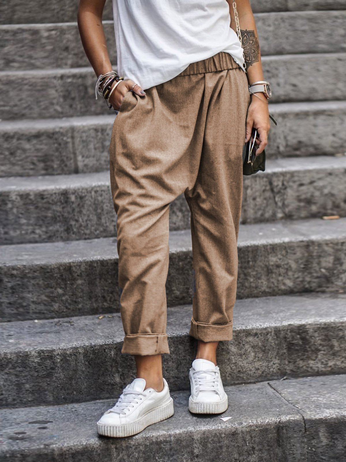 Women's High-Waist Harem Pants with Pockets Khaki Trousers