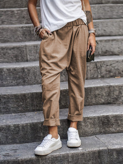 Women's High-Waist Harem Pants with Pockets Khaki Trousers