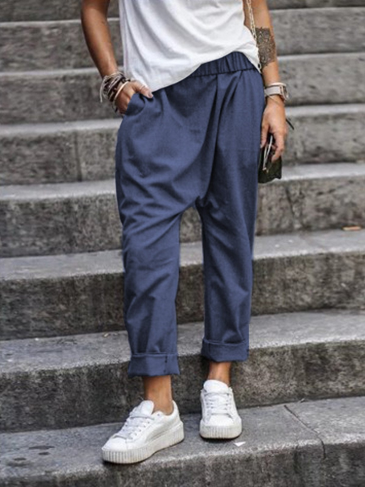 Women's High-Waist Harem Pants with Pockets Dark Blue Trousers
