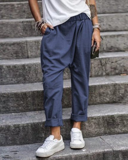 Women's High-Waist Harem Pants with Pockets Dark Blue Trousers