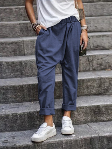 Women's High-Waist Harem Pants with Pockets Dark Blue Trousers