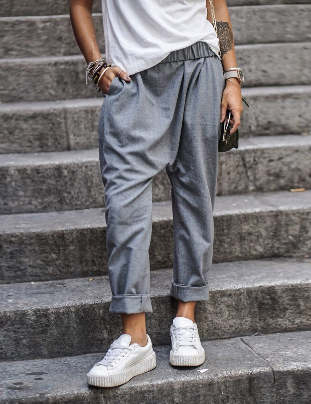 Women's High-Waist Harem Pants with Pockets Gray Trousers