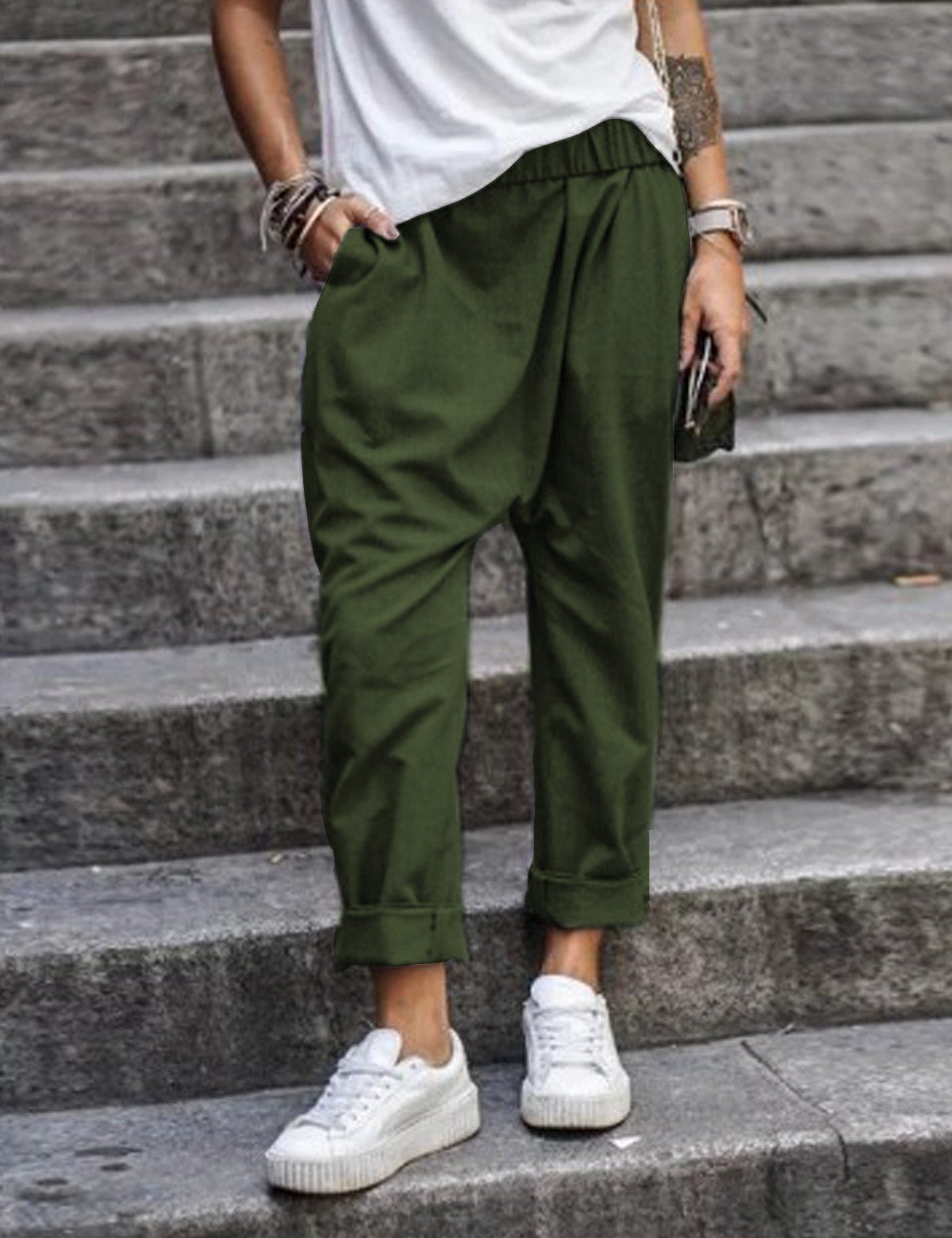 Women's High-Waist Harem Pants with Pockets Army Green Trousers