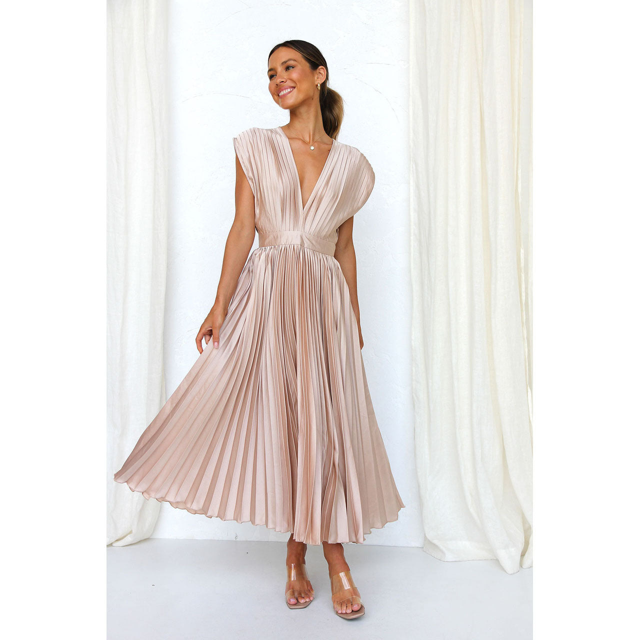 Summer V-Neck Pleated Sleeveless Dress Pink Dress