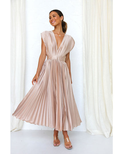 Summer V-Neck Pleated Sleeveless Dress – Casual Loose Fit with Zipper Closure Pink Dress