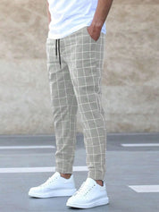 Men's Plaid Drawstring Casual Trousers Khaki Trousers
