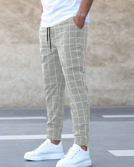 Men's Plaid Drawstring Casual Trousers Khaki Trousers