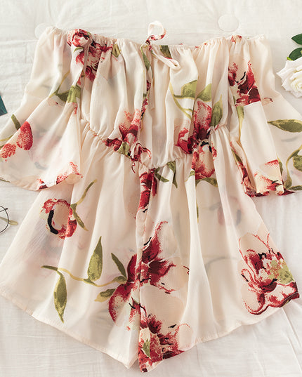 Off-Shoulder Floral Print Jumpsuit with Tie Flare Sleeves Apricot One size Jumpsuit