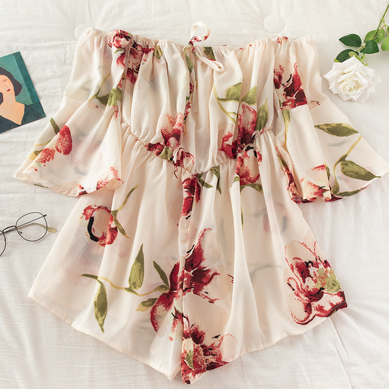 Off-Shoulder Floral Print Jumpsuit with Tie Flare Sleeves Apricot One size Jumpsuit